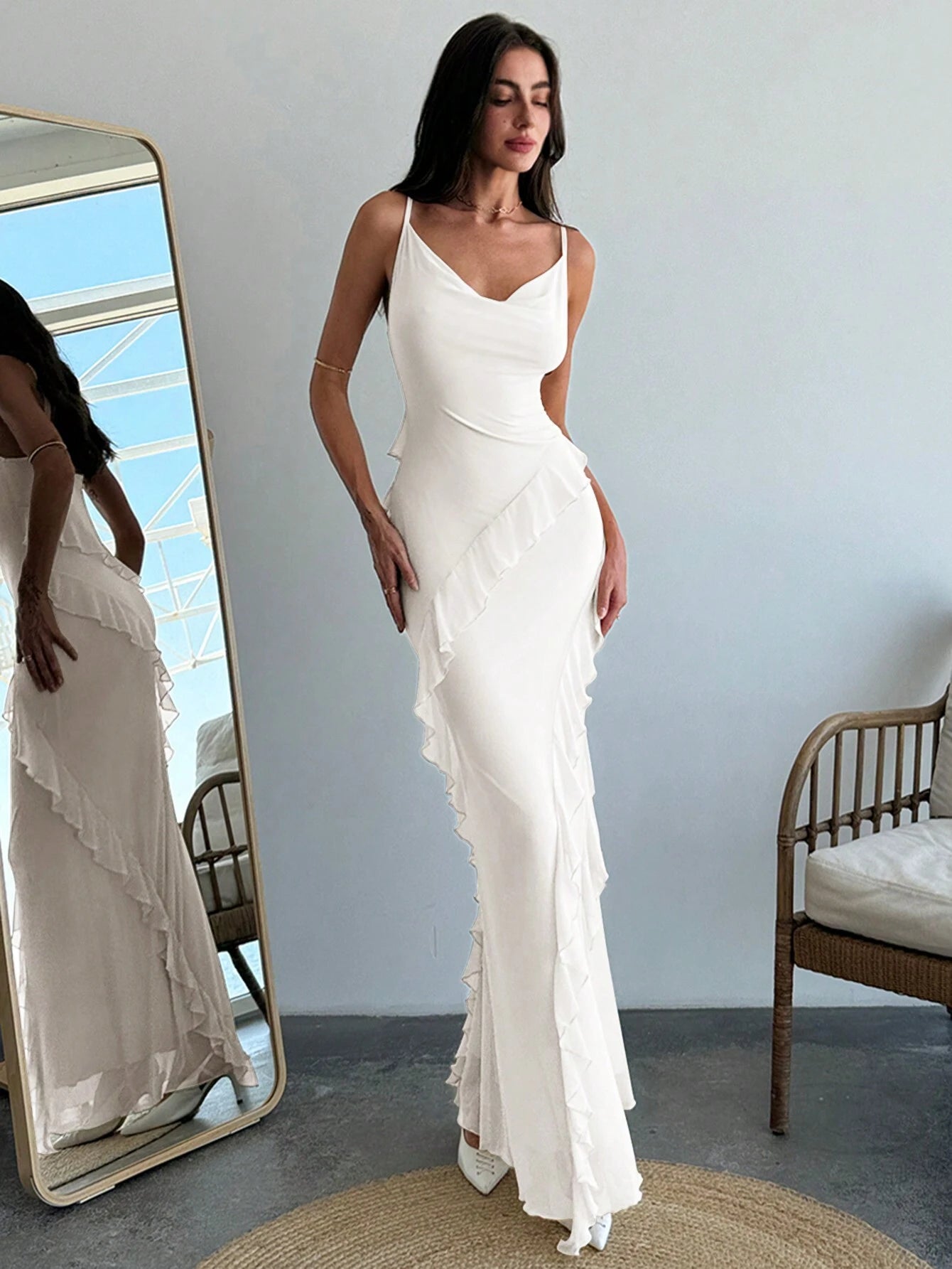 Aloruh 1Pc Women'S Romantic Date Spaghetti Strap Ruffled Neck Bodycon Long Dress with Ruffle Trim, Spring/Summer,White Graduation Dress