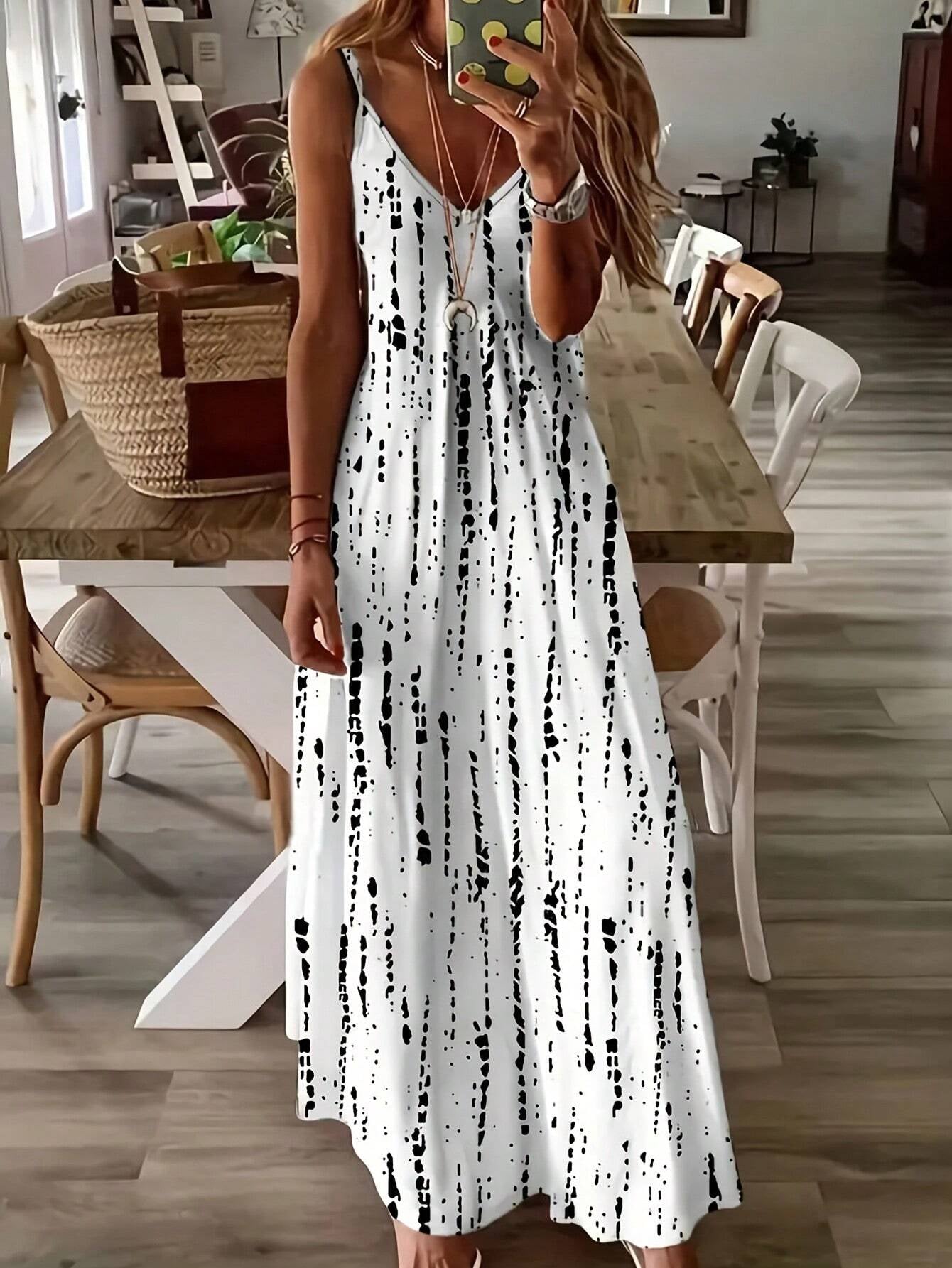 EMERY ROSE Women'S Color-Block Simple Printed Spaghetti Strap Casual Daily Dress Maxi Women Outfit