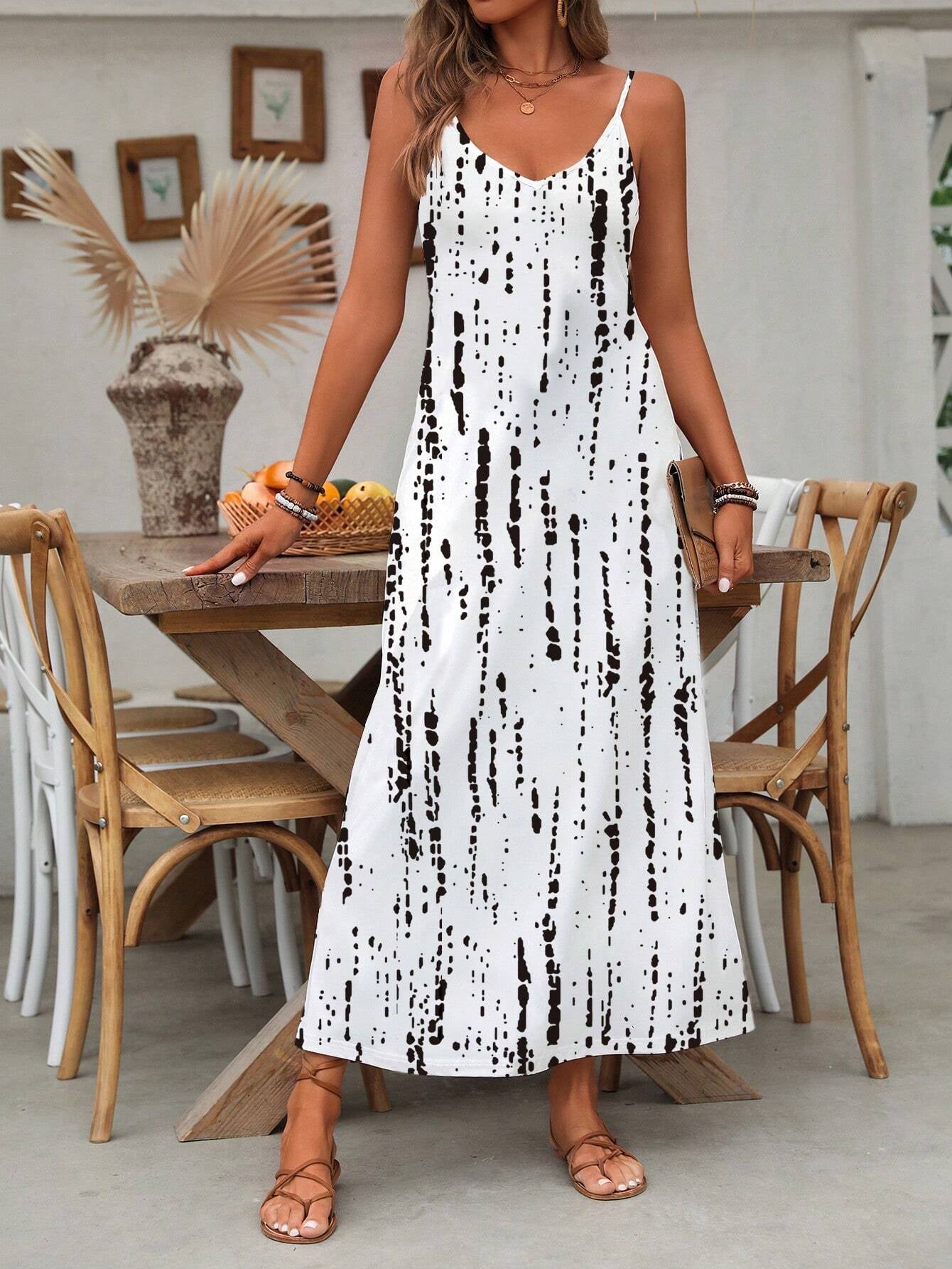 EMERY ROSE Women'S Color-Block Simple Printed Spaghetti Strap Casual Daily Dress Maxi Women Outfit