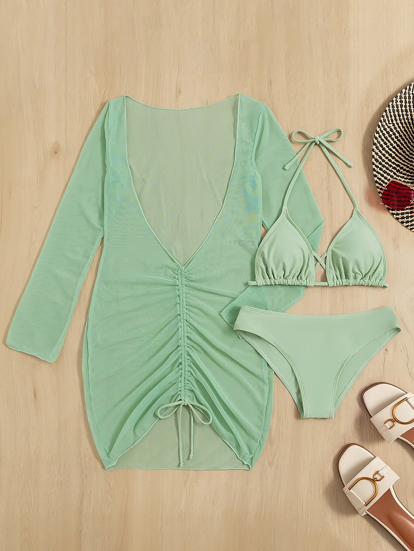 SHEIN Swim Summer Beach 3Packs Plain Halter Triangle Bikini & Cover Up